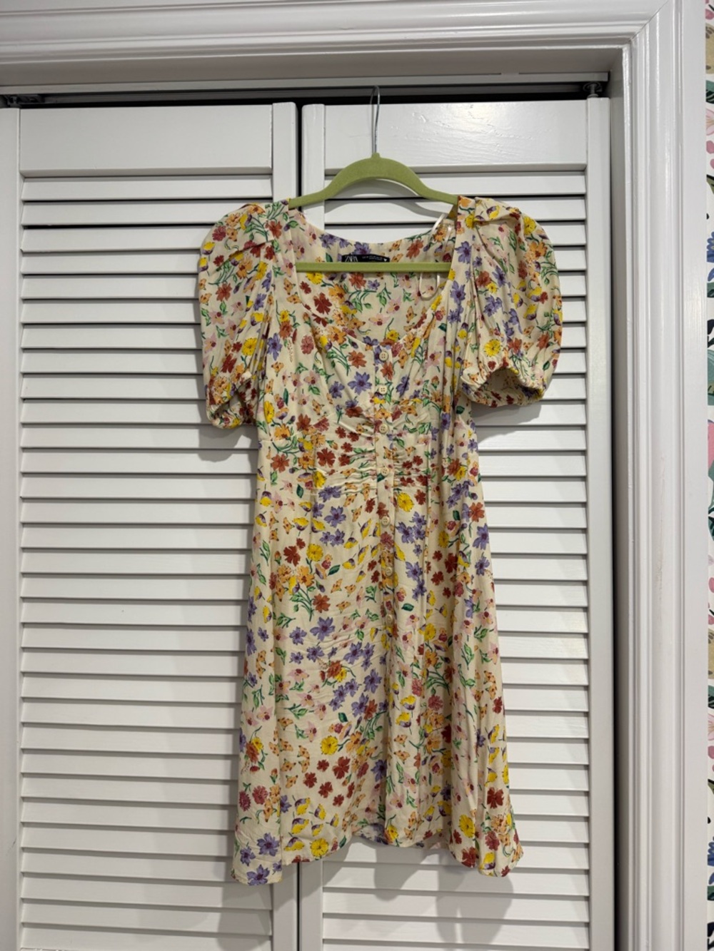 Zara Cream Floral Puff-Sleeve Mini Dress with Yellow, Purple & Red Blooms